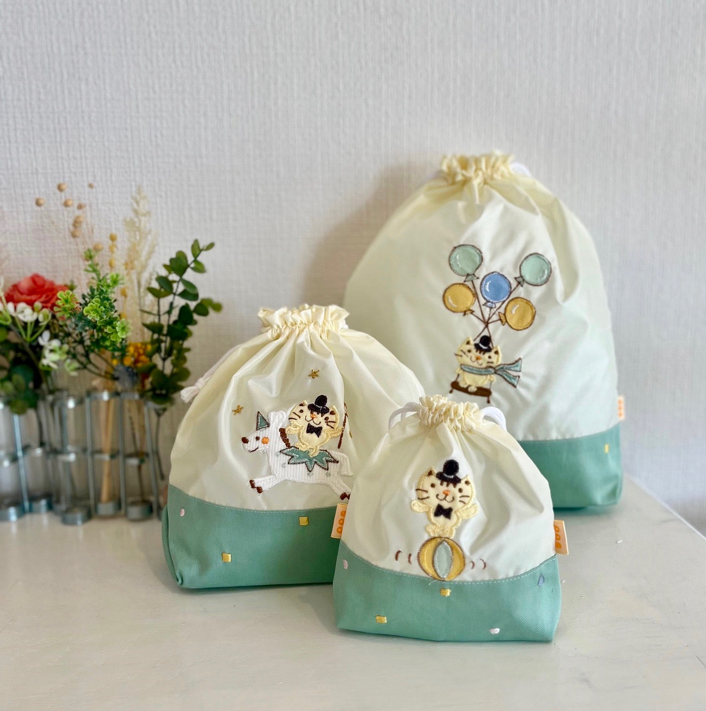 期間限定!!切り替えデザイン巾着 DX 3点セット(色と刺繍の組み合わせ自由)