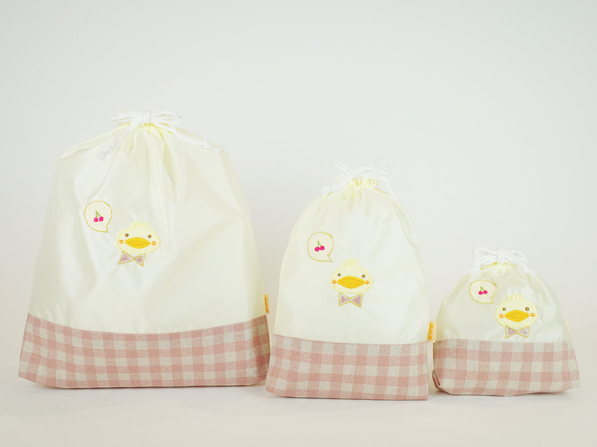 切り替えデザイン巾着 3点セット(色と刺繍の組み合わせ自由)