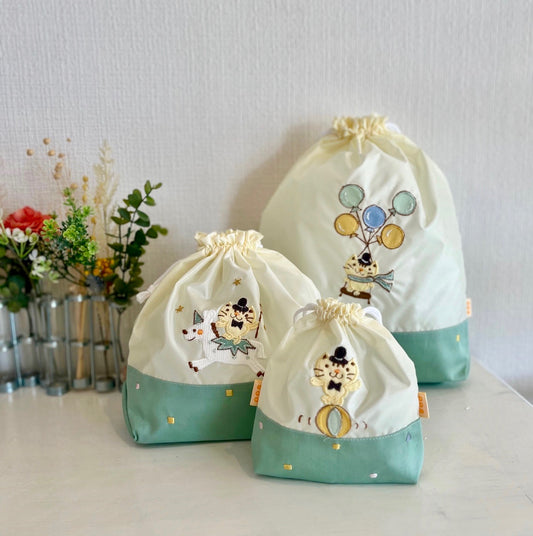 期間限定！！切り替えデザイン巾着　DX 3点セット（色と刺繍の組み合わせ自由）